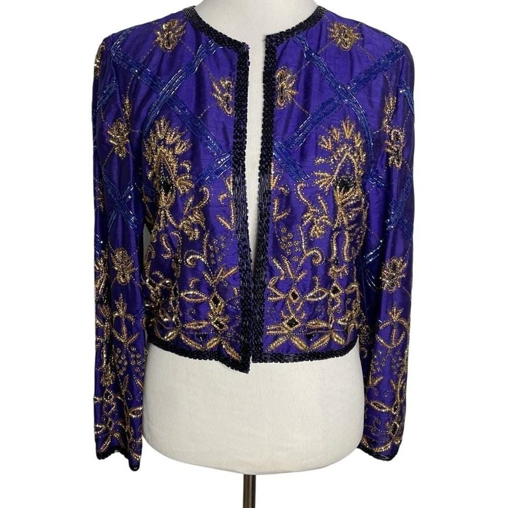 Vtg 80s Parisian Room Purple Gold Beaded Silk Evening Jacket Glam  Art to Wear S